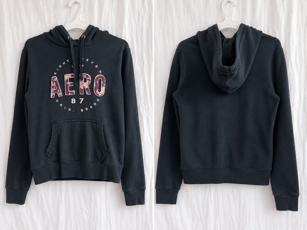 Aéropostale AERO 1987 Graphic Pullover Hoodie Black Women's Medium